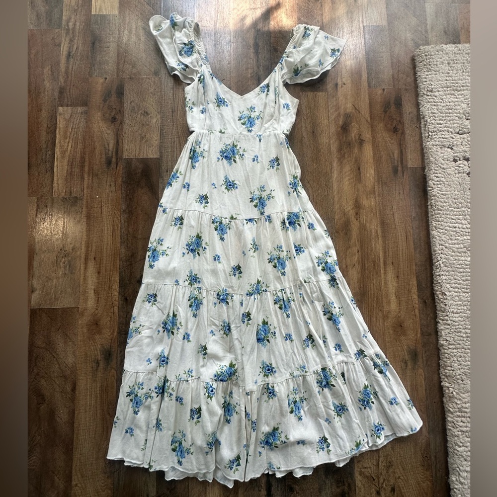 Altar'd State White Maxi Dress with Blue Floral Print